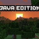Minecraft Java Edition logo overlaid on a pixelated sunset forest scene.