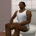A low-poly 3D man sitting on a white toilet with a neutral expression.