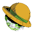 Straw hat with a green ribbon sitting at an angle.