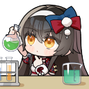 A chibi anime girl with brown hair and a red bow looks suspiciously at a green liquid in a beaker.
