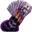 A hand with long, dark purple acrylic nails and diamond jewelry holding a fan of cash.