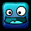 A blue square character with a wide, goofy grin and mismatched eyes looking in different directions.