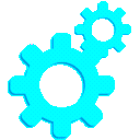 Two cyan interlocking gears positioned side by side.