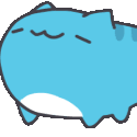 Blue blob cat with a simple face and closed eyes looking content.