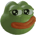 Pepe the Frog head with large glossy eyes and a wide smirk spinning in a 3D style.