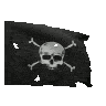A pixelated black pirate flag with a white skull and crossbones waving in the wind.