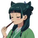 Maomao from The Apothecary Diaries with a smug expression while eating a snack.