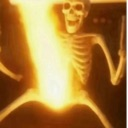 A skeleton stands with a wide grin as a bright, vertical beam of light erupts from its center.