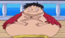 Fat Luffy from One Piece with a round, bloated body and a blank expression.