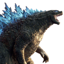 Godzilla roaring with glowing blue dorsal fins.