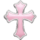 Four stylized 3D crosses in pastel pink, beige, green, and blue with silver metallic edges.