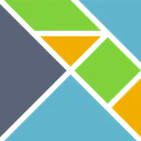 A colorful geometric tangram-style shape composed of triangles and squares in green, blue, orange, and gray.