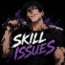 Toji Fushiguro holding a sword with a smug expression and the text Skill Issues.