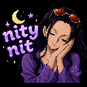 Nico Robin with long dark hair resting her head on her hands with closed eyes and the text nity nit with a crescent moon.