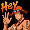 Portgas D. Ace waving his hand with a wide grin and the word Hey above his head.