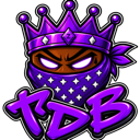 A stylized character wearing a purple crown and a purple bandana with glowing white eyes and the letters TDB underneath.