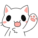A small white cat with large black eyes and pink cheeks waving its paw.