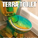 Toilet with a bright, psychedelic green and yellow gradient overlay and bold white text reading Terra Toilet.