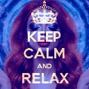 Woman wearing a golden crown with the text Keep Calm and Relax over a swirling blue and purple cosmic background.