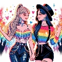 Two women wearing rainbow-colored tops hold hands while smiling in an anime art style.