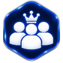 A white group of people icon with a crown on top inside a glossy blue hexagon.
