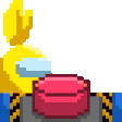Yellow Among Us crewmate repeatedly slamming a red emergency meeting button in pixel art style.