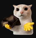 A white cat holding an empty wallet and reaching out with a yellow hand.