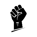 Raised fist in a solid black silhouette representing strength and solidarity.
