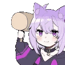 Nekomata Okayu holding a wooden mallet and smiling mischievously.
