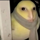 A bird with a human face wearing a scarf peers out from a dark doorway with an intense, suspicious gaze.