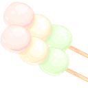 Hanami dango on a skewer with pink, yellow, and green mochi balls in a cute anime style.