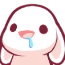 A cute pink bunny with a happy expression and blue drool hanging from its mouth.