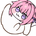 Anime girl with pink hair dancing in a white cat suit with a happy expression.