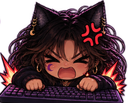 Cat-eared character with an angry expression and red rage symbol above their head, furiously typing on a keyboard.