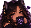 Anime girl with cat ears sipping from a black mug labeled NOX with a purple crescent moon.