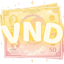 A stylized banknote with the letters VND written in large bold font over a soft yellow and pink background.