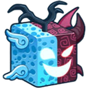 Spirit fruit cube with a split face showing a blue angelic side and a purple demonic side.