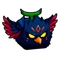 Requiem Eagle with glowing yellow eyes and dark blue feathers with red-tipped wings looking menacing.