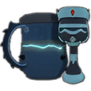 A dark blue mug and a matching goblet with glowing light accents.