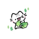 A cute white cat holding a bundle of cash with dollar signs floating around.