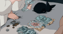 A black cat sitting next to stacks of cash while human hands count money.