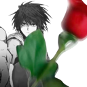 L Lawliet from Death Note holding a single red rose in a grayscale style.