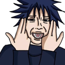 Megumi Fushiguro with a distorted, comical facial expression and hands framing his face.