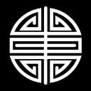 A white circular geometric symbol with intricate line-art patterns centered on a black background.