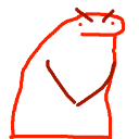 A white blob character with a red outline looking sideways with a suspicious and judgmental expression.