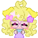 A blonde anime girl with glasses and hair accessories reacts with floating red hearts and sparkling eyes.