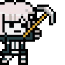A pixel art character with white hair swinging a silver pickaxe in two different motions.