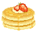 Pancakes stacked high with syrup and strawberries in a retro pixel art style.