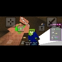 A pixelated Minecraft zombie character with a mobile game interface overlay.