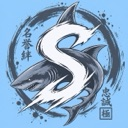 Shark with a stylized letter S overlay inside a circular frame.